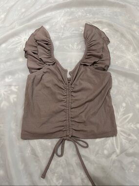 Ribbed Drawstring Ruffle Sleeve Crop Top - Taupe